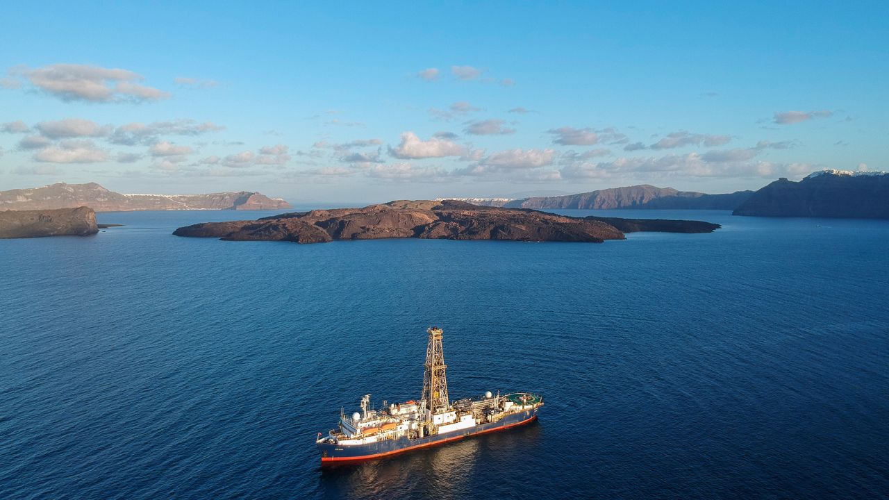 The deep-drilling JOIDES Resolution completed its first Santorini research trip in 2023.