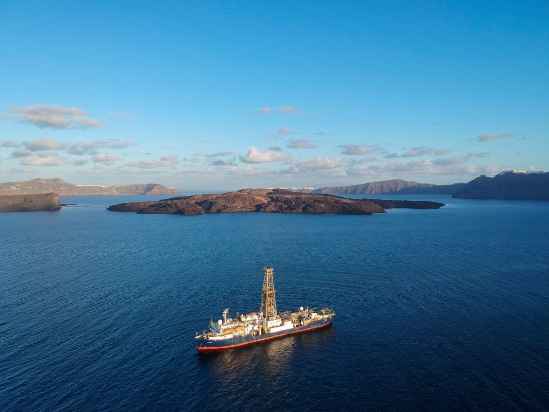 The deep-drilling JOIDES Resolution completed its first Santorini research trip in 2023.