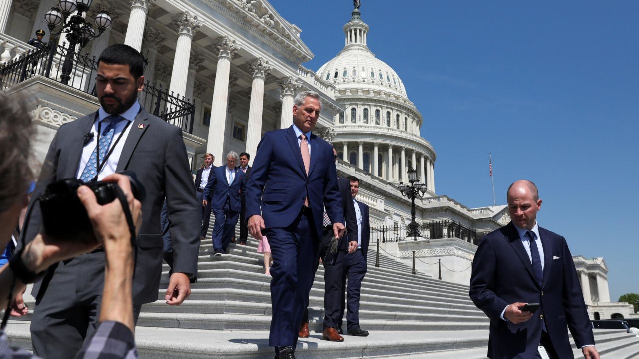 House Speaker Kevin McCarthy walks towards a news conference with female athletes, following the expected House passage of the "Protection of Women and Girls in Sports" Act, on Capitol Hill in Washington, DC, on April 20.
