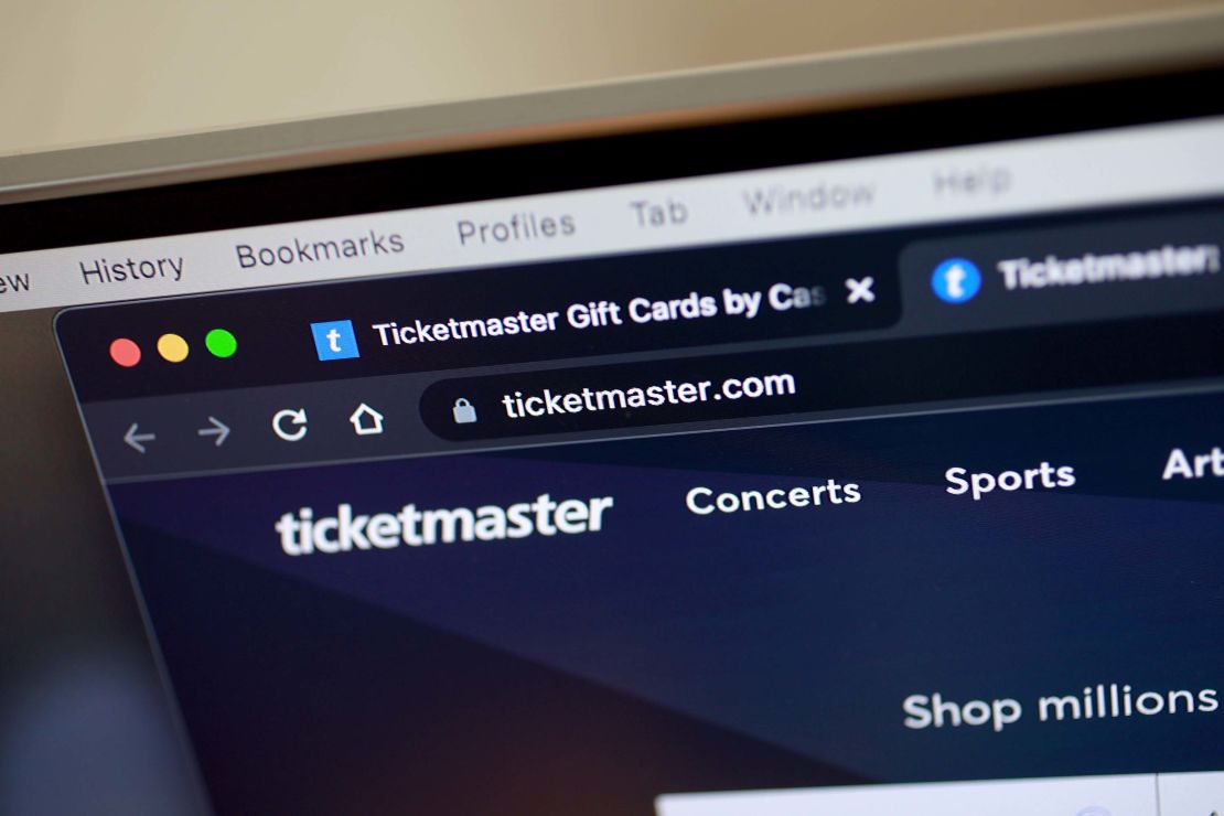 A Ticketmaster website is shown on a computer screen