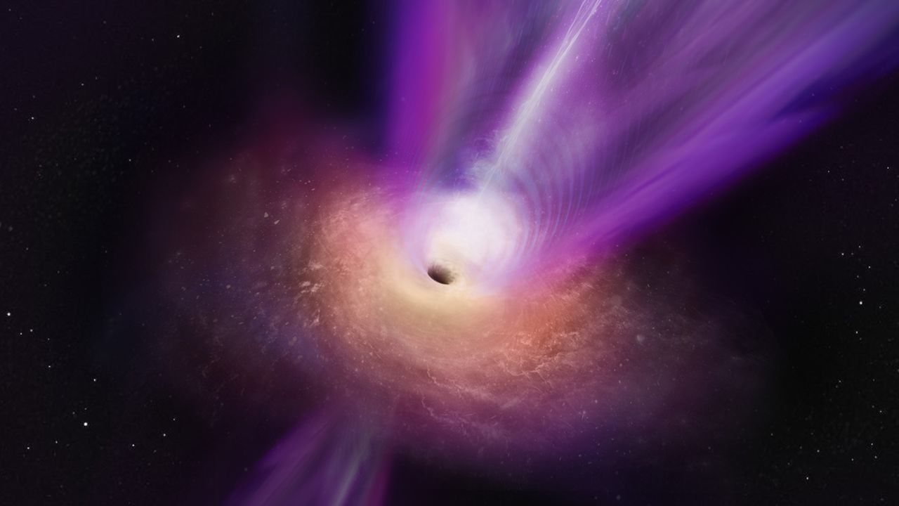 An artist's concept shows how the black hole's massive jet rises up from the center. 