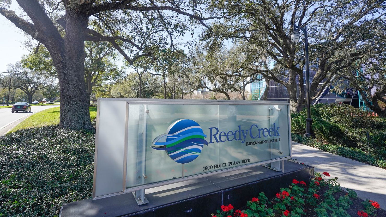 A sign near the entrance of the Reedy Creek Improvement District administration building is seen Monday, Feb. 6, 2023, in Lake Buena Vista, Fla.