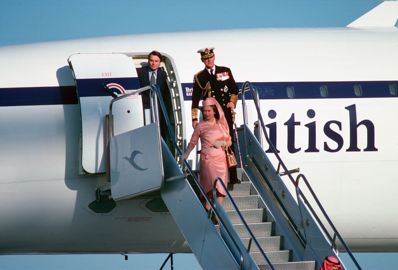 Here's Queen Elizabeth II and Prince Philip picturing deplaning from Concorde.
