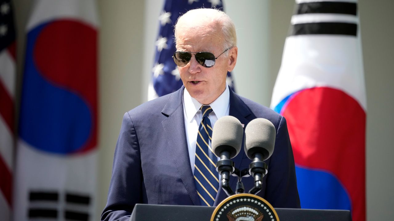 President Joe Biden speaks during a news conference with South Korea's President Yoon Suk Yeol in the Rose Garden of the White House Wednesday, in Washington, DC. 