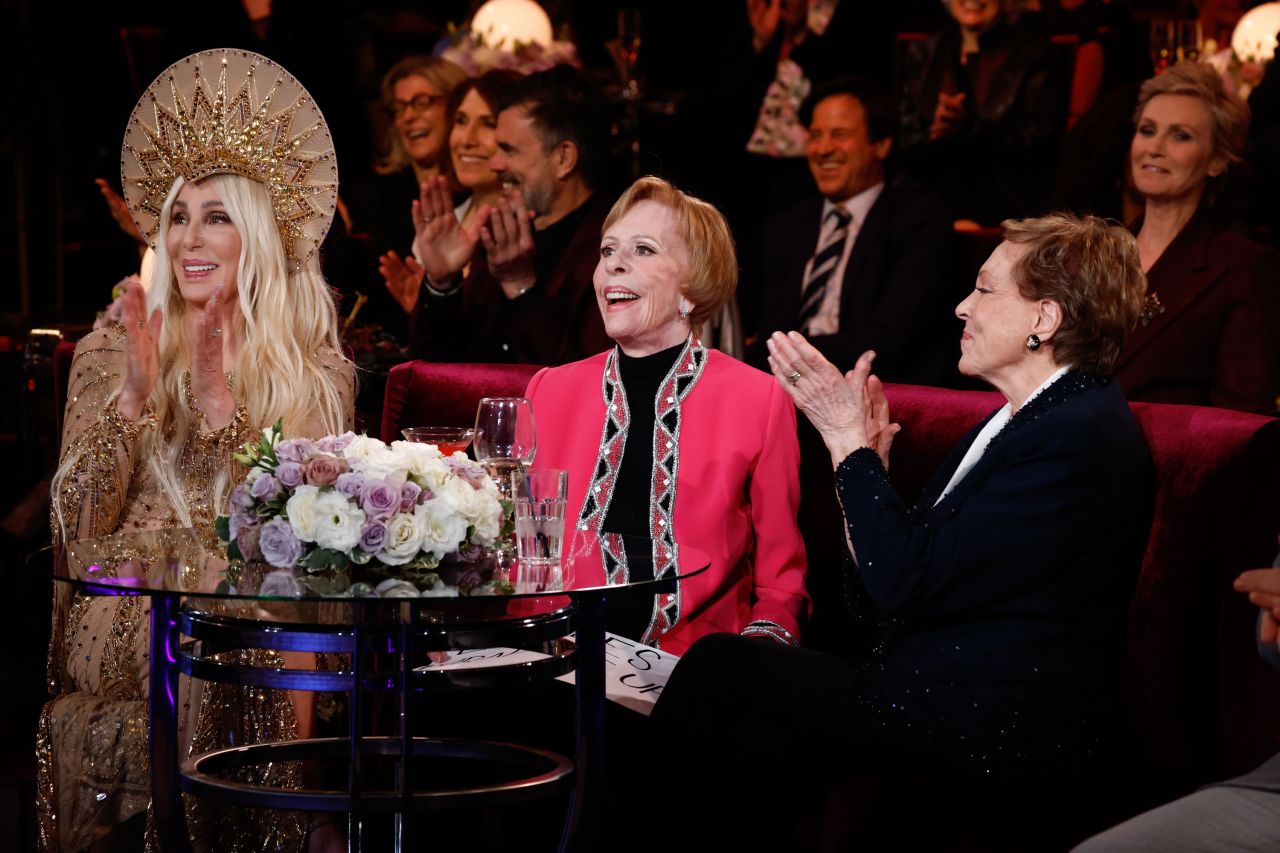 From left, Cher, Burnett and Andrews appear in the television special "Carol Burnett: 90 Years of Laughter + Love" in 2023. <a href="https://www.cnn.com/2023/04/26/entertainment/carol-burnett-90-birthday-special-nbc/index.html" target="_blank">The show</a> paid tribute to Burnett on her 90th birthday. 