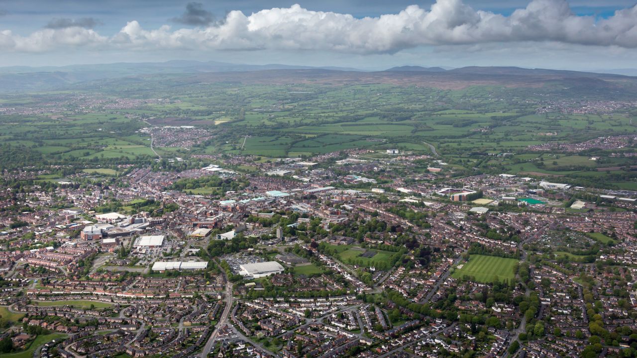 Aerial view of Wrexham on May 12, 2018.