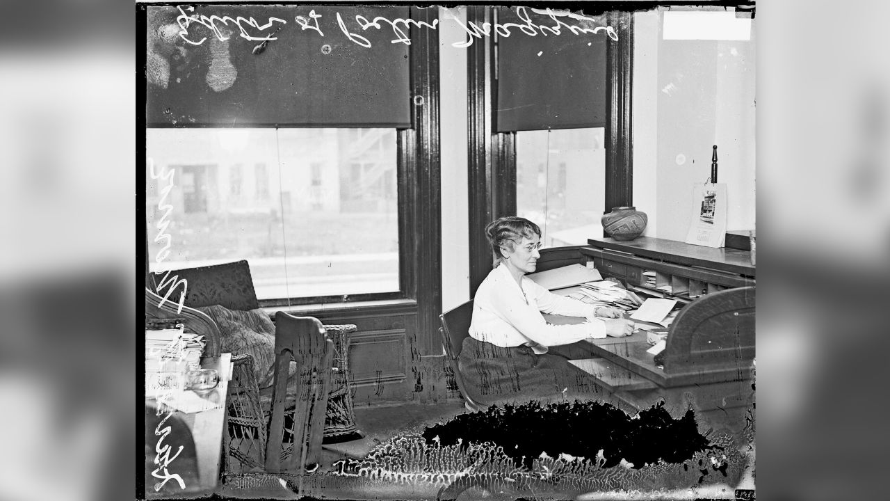 Miss Harriet Monroe, editor of Poetry Magazine, sitting at a desk, Chicago, Illinois, 1922. (Photo by Chicago Sun-Times/Chicago Daily News collection/Chicago History Museum/Getty Images)