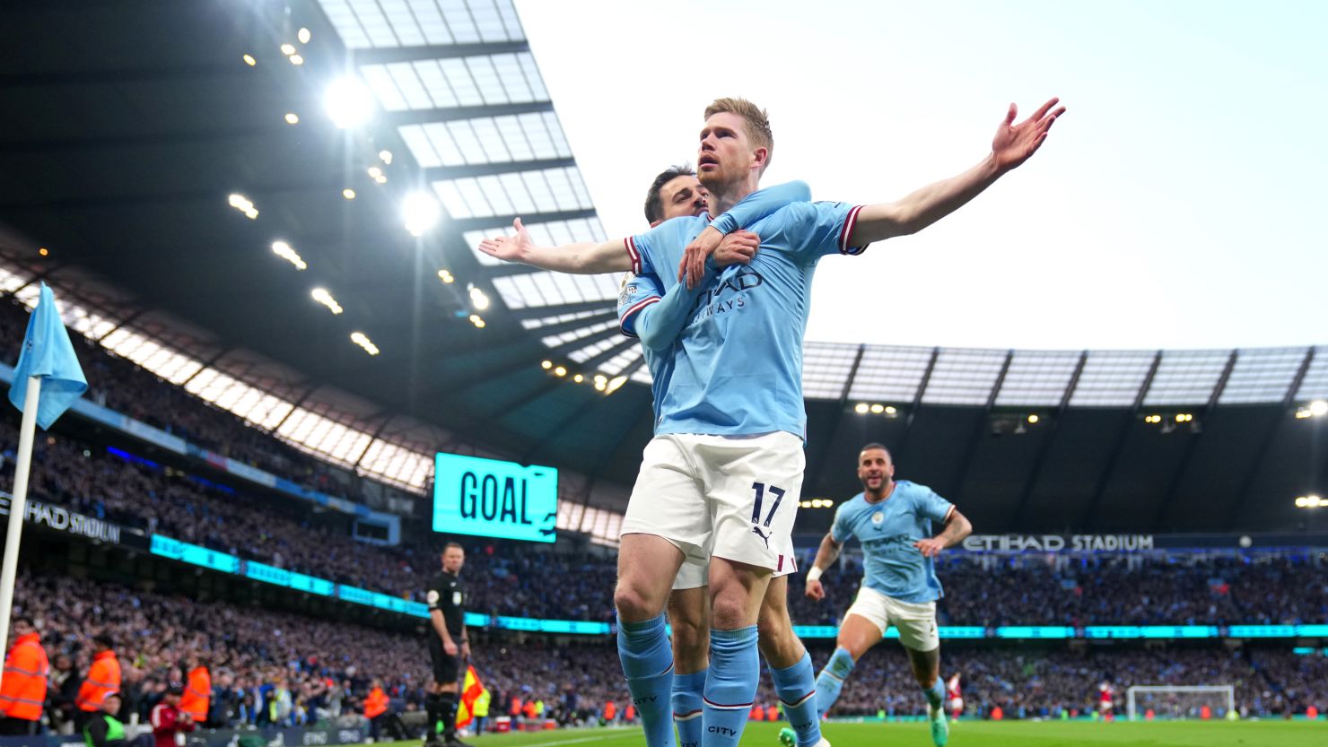 Kevin De Bruyne opened the scoring in Manchester City's top-of-the-table clash against Arsenal. 