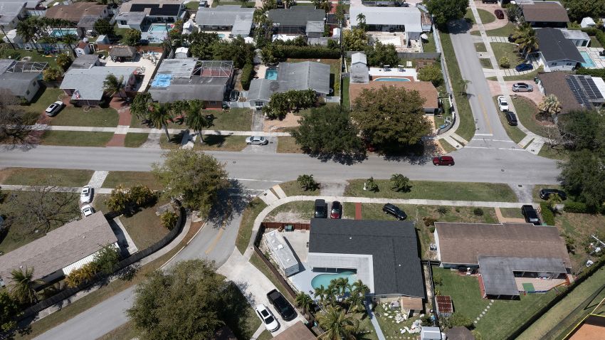 In this aerial view, homes sit on lots in a neighborhood on April 20, 2023 in Cutler Bay, Florida.