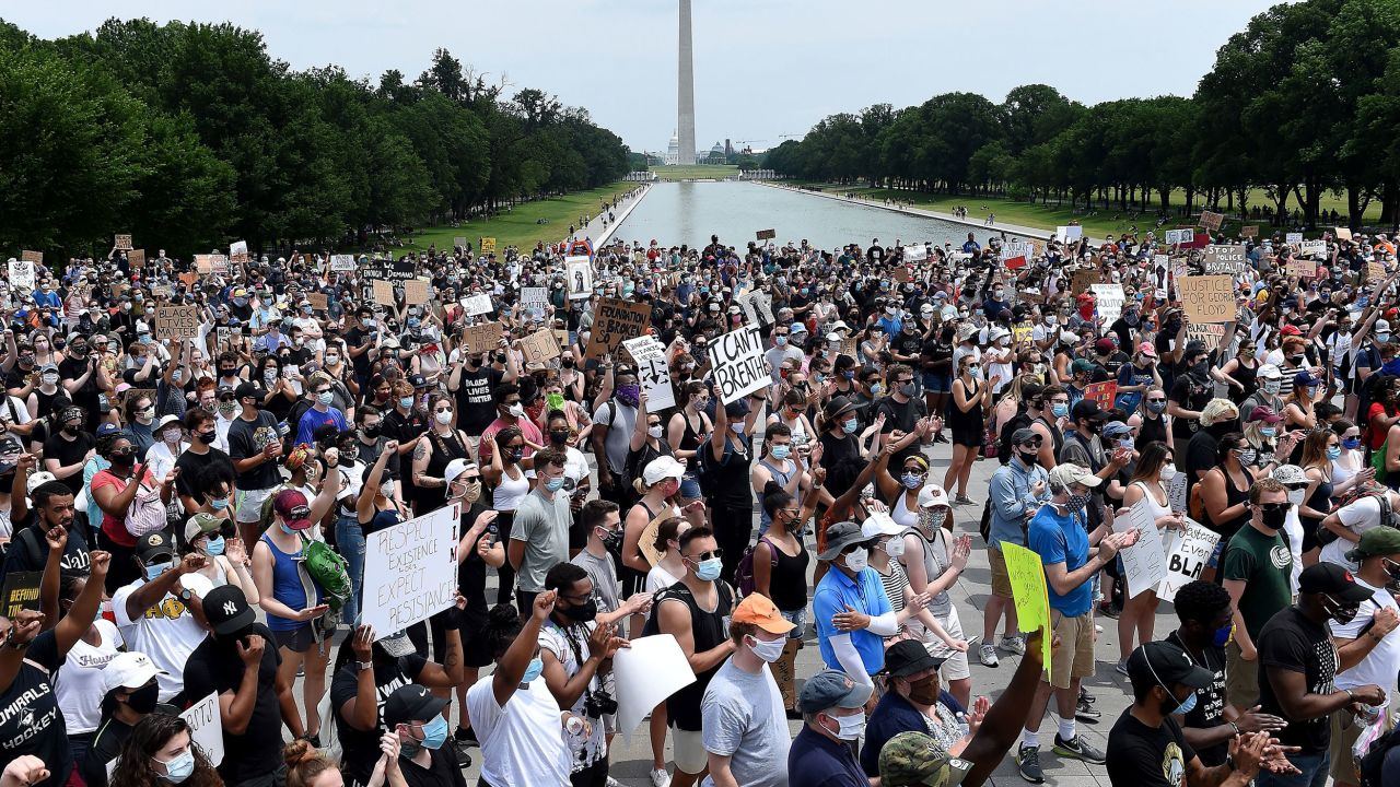 Demonstrators gather at the Lincoln Memorial in Washington during a peaceful protest against police brutality after the May 2020 killing of George Floyd.