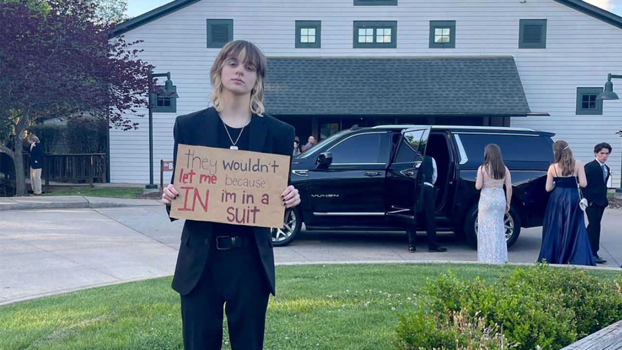 B. Hayes posted on Instagram  they weren't "allowed in the doors" of their prom because they were wearing a suit.