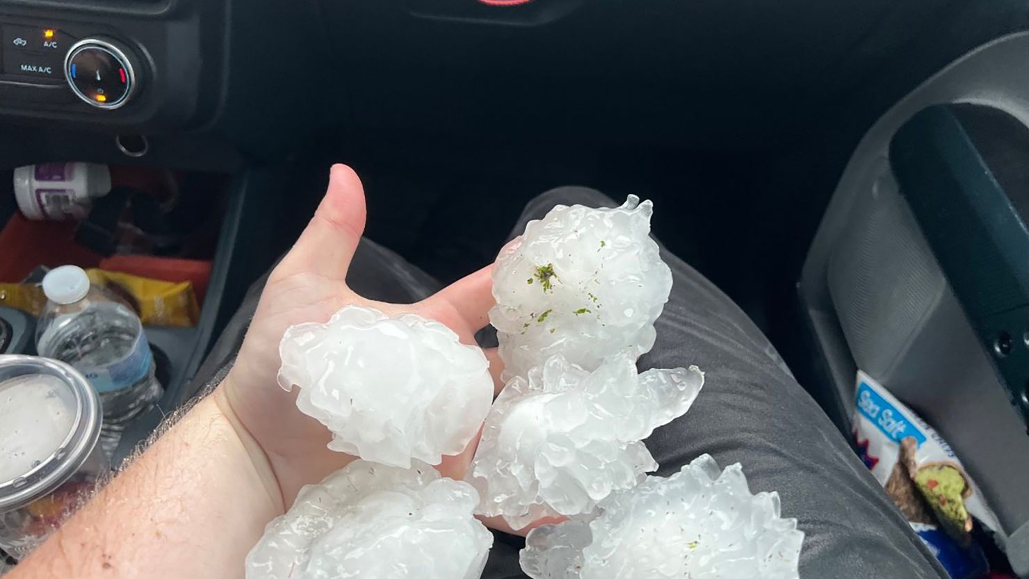 Storm chaser Matthew Waters was 2 miles east of Waco, Texss, when he took photos of hail measuring nearly 4 inches long.