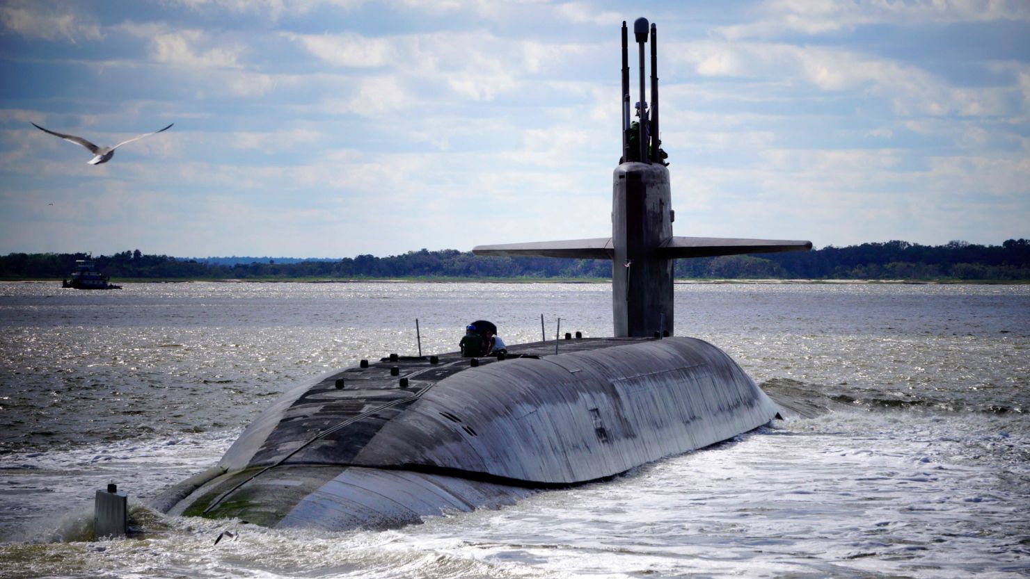 The Ohio-class ballistic-missile submarine USS Alaska returns to its home port at Naval Submarine Base Kings Bay, Georgia,  in this April 2, 2019, handout photo.