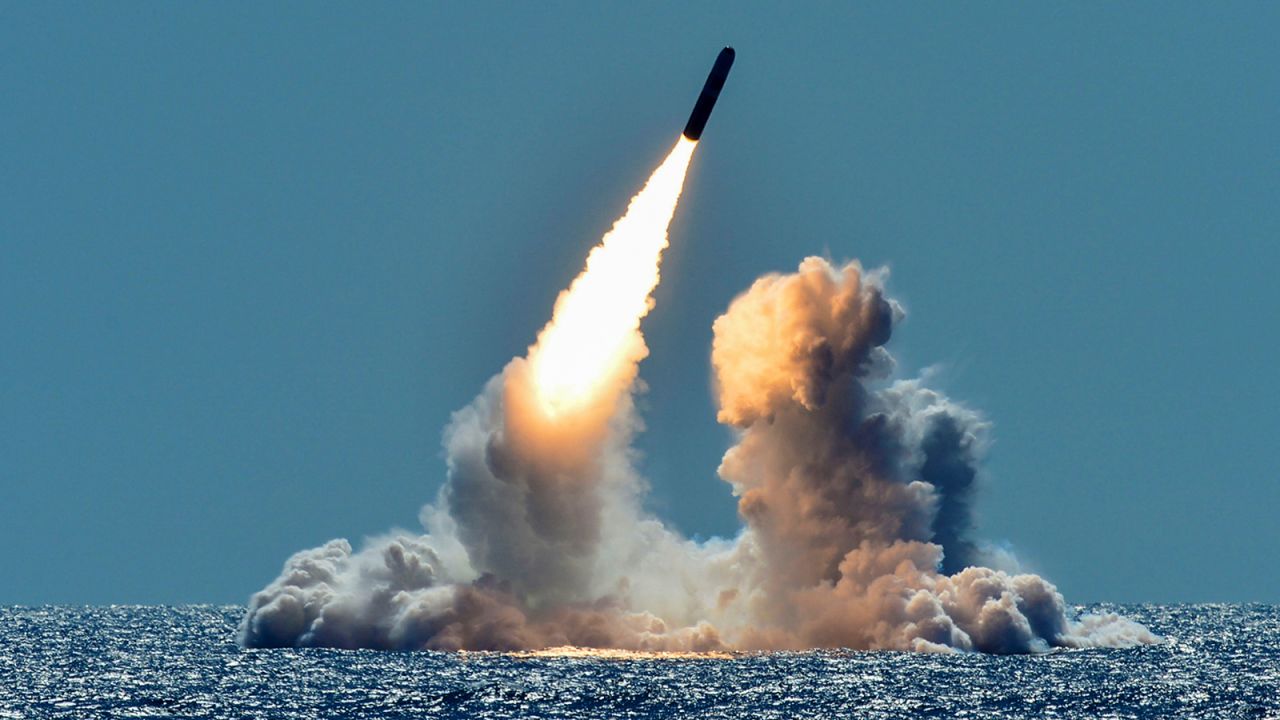 An unarmed Trident II D5 missile is test-launched from the Ohio-class ballistic missile submarine USS Nebraska off the coast of California in 2018. 