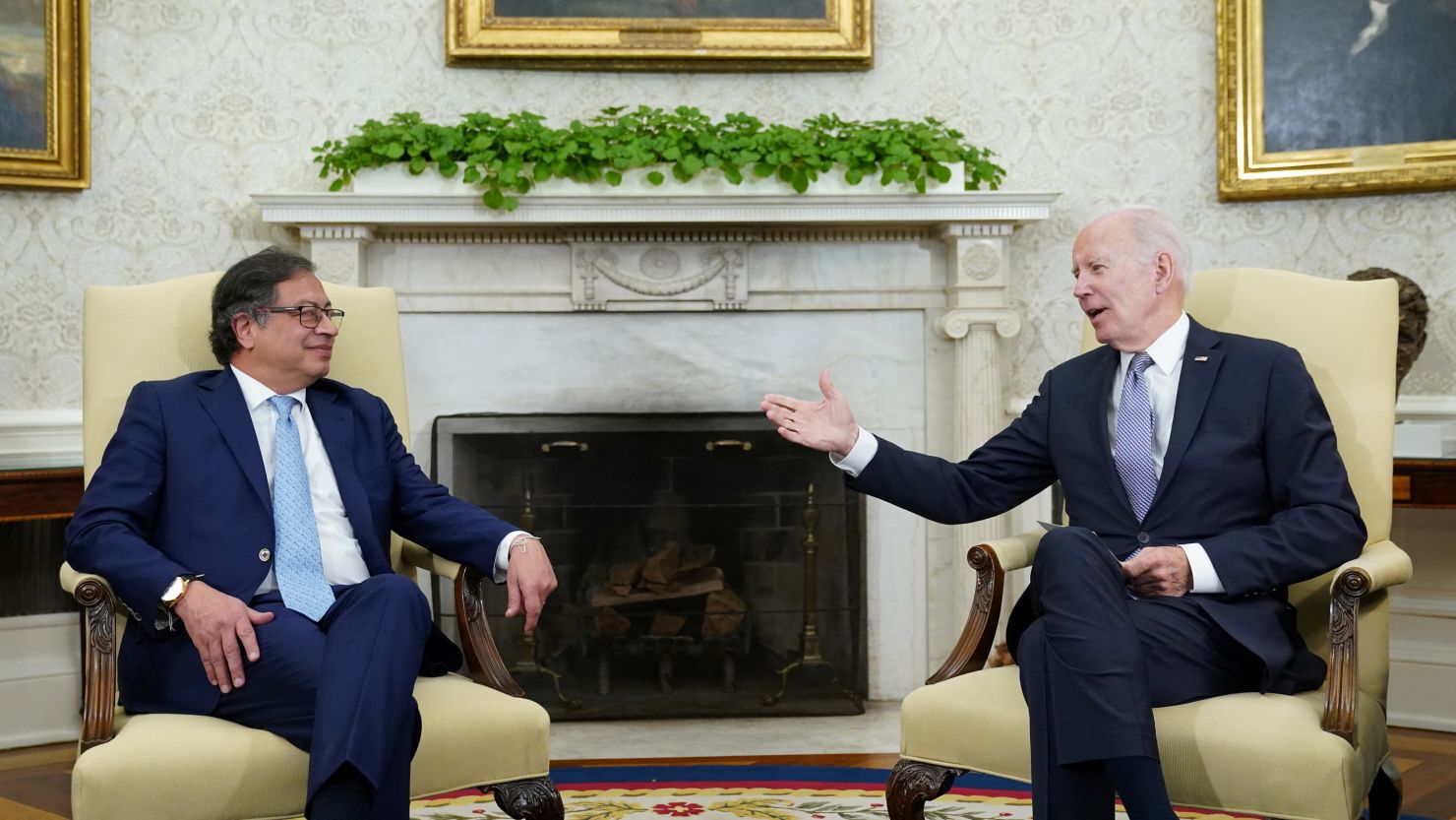 US President Joe Biden meets with Colombian President Gustavo Petro in the White House Oval Office on April 20, 2023.