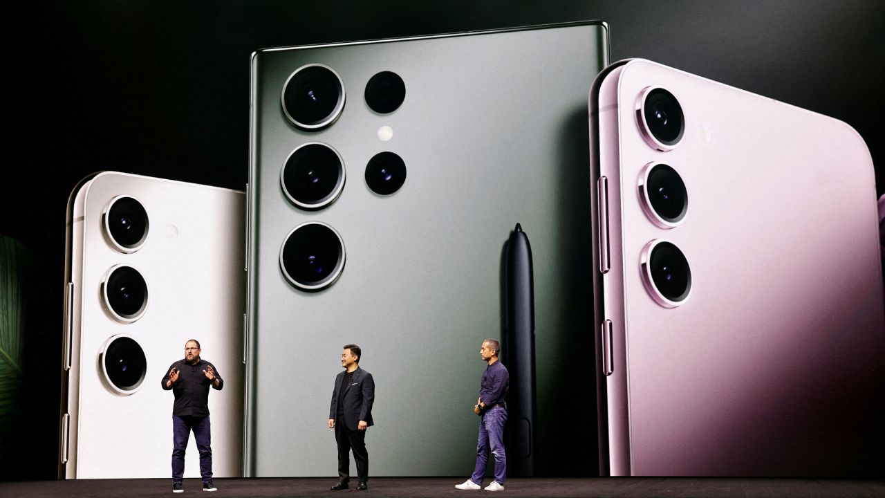 Executives speaking onstage as Samsung Electronics unveiled its latest flagship smartphones in San Francisco in February.