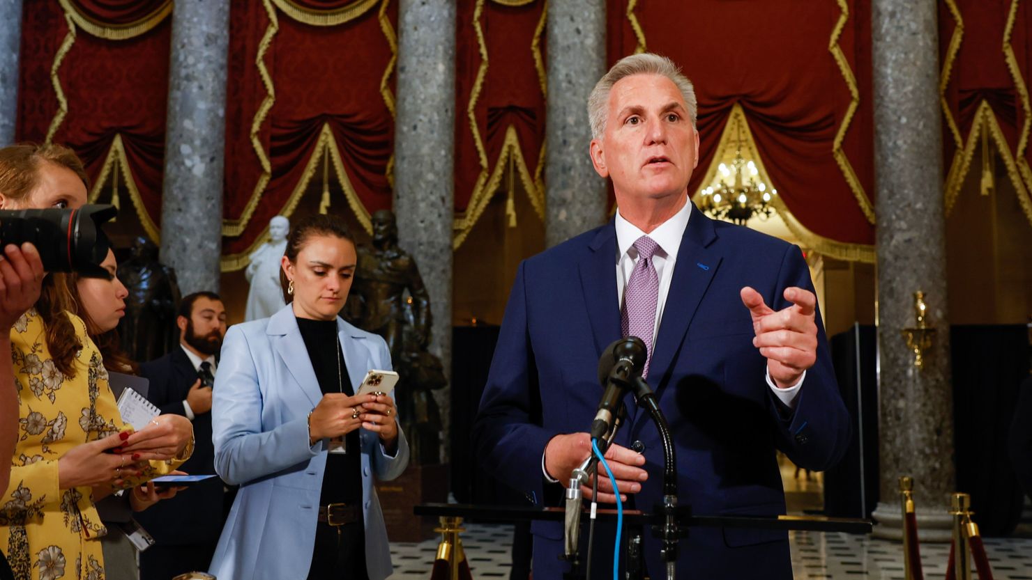 Speaker Kevin McCarthy speaks to the media at the US Capitol on April 26, 2023.