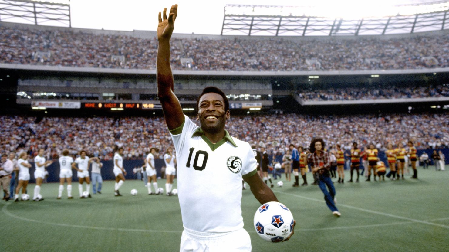 Pelé celebrates during a match for the New York Cosmos in August 1977. 