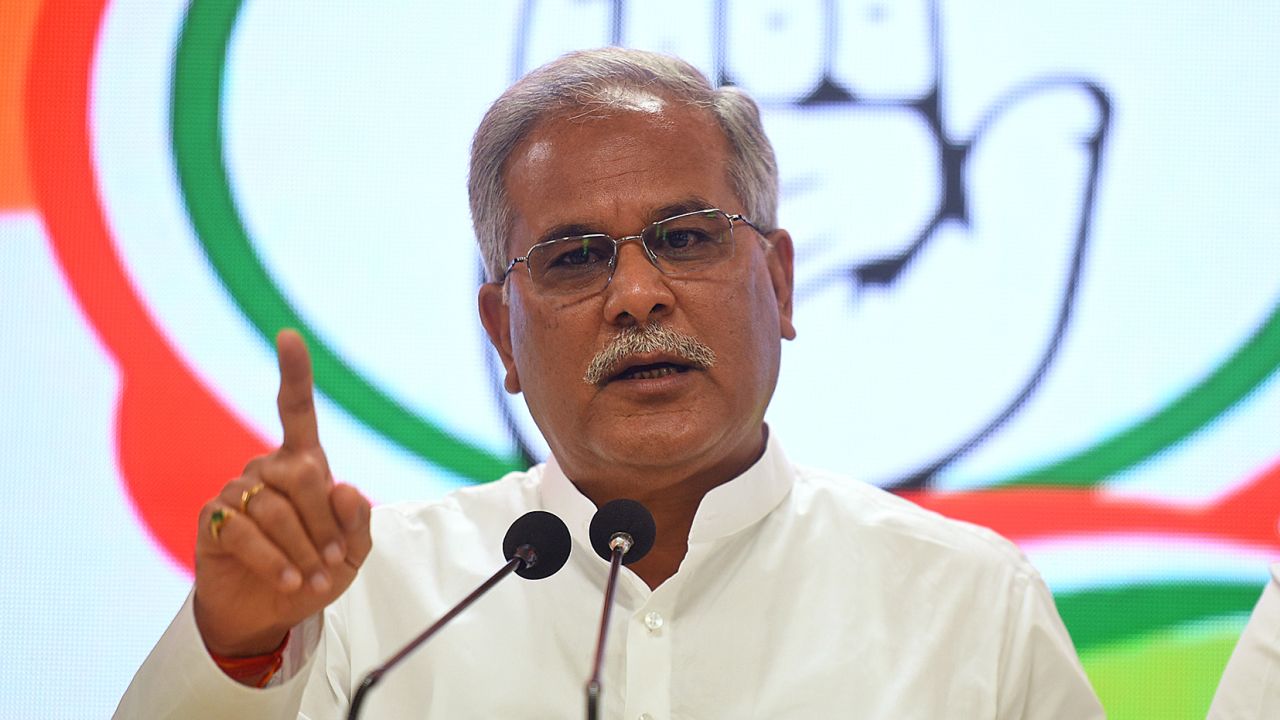 Chief Minister of Chhattisgarh Bhupesh Baghel, who announced the latest Maoist attack, addresses a press conference in New Delhi on October 4, 2021