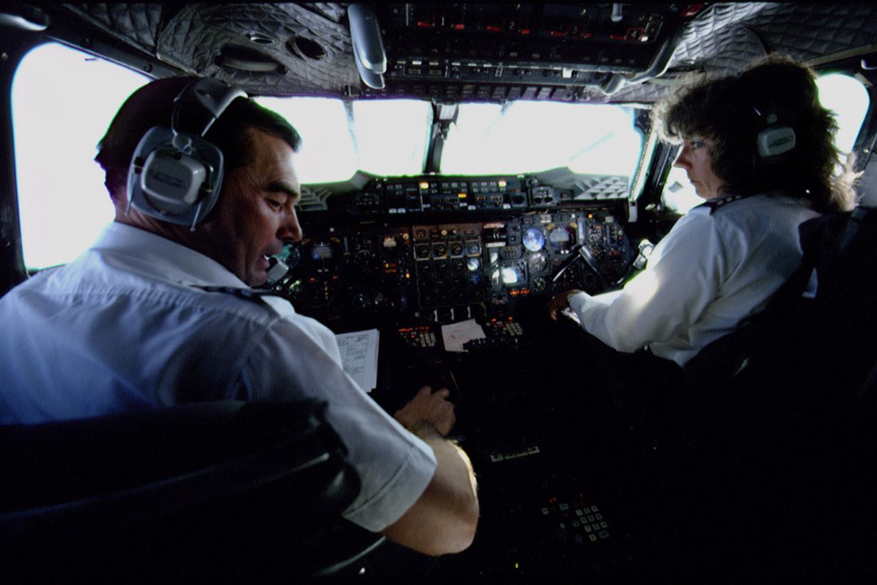 A photo of Concorde pilot Barbara Harmer at the controls for a London to New York flight in 1993.