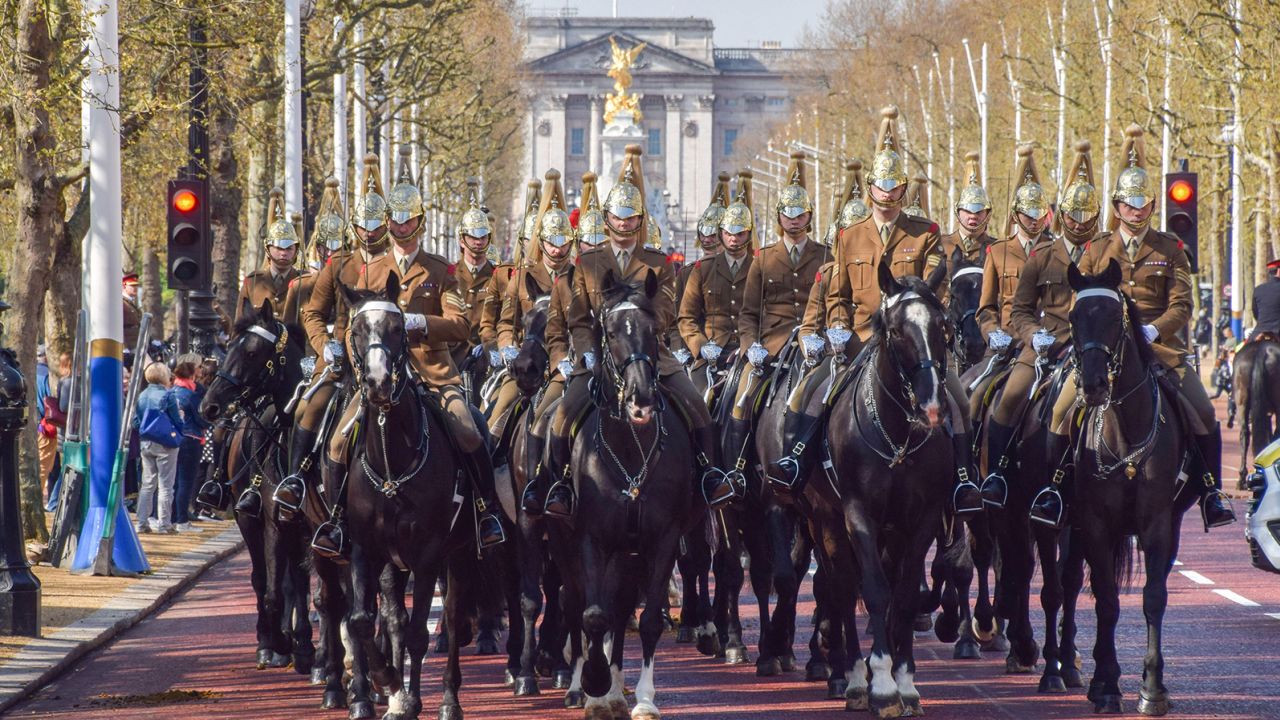 The Household Cavalry Mounted Regiment begins coronation rehearsals at Buckingham Palace and The Mall.