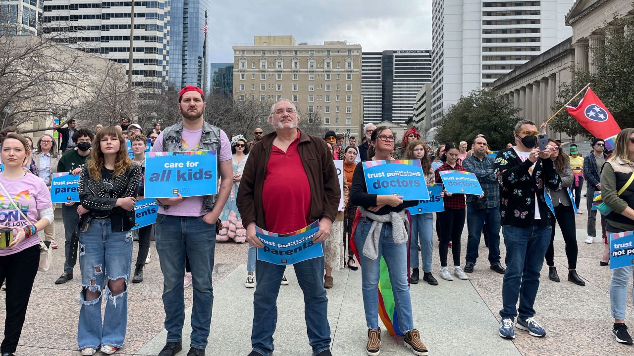 Advocates gather for a rally at the state Capitol complex in Nashville, Tenn., to oppose a series of bills that target the LGBTQ community, Tuesday, Feb. 14, 2023. Lawmakers are considering efforts to ban gender-affirming care for transgender minors, restrict where certain drag shows can take place and bar private companies that manage care for Tennessee's Medicaid program from contracting with the state if they cover gender-transitioning care. (AP Photo/Jonathan Mattise)