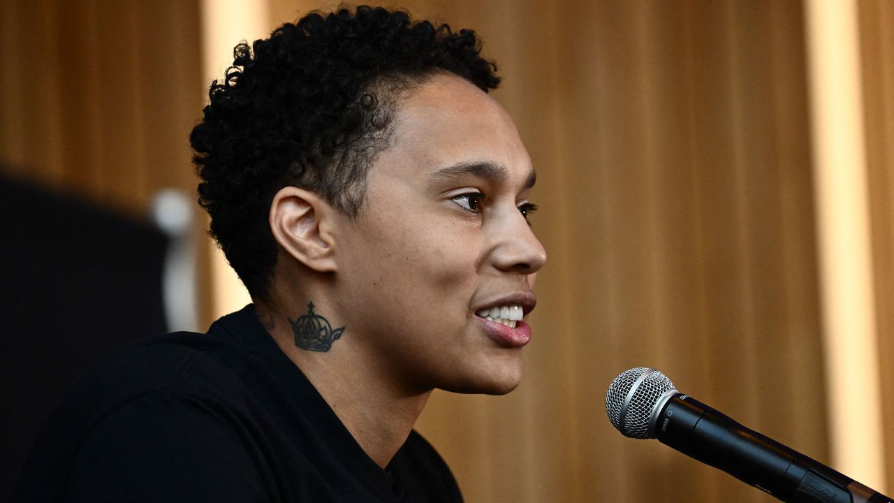 Griner speaks to the media during a news conference on April 27, 2023. 