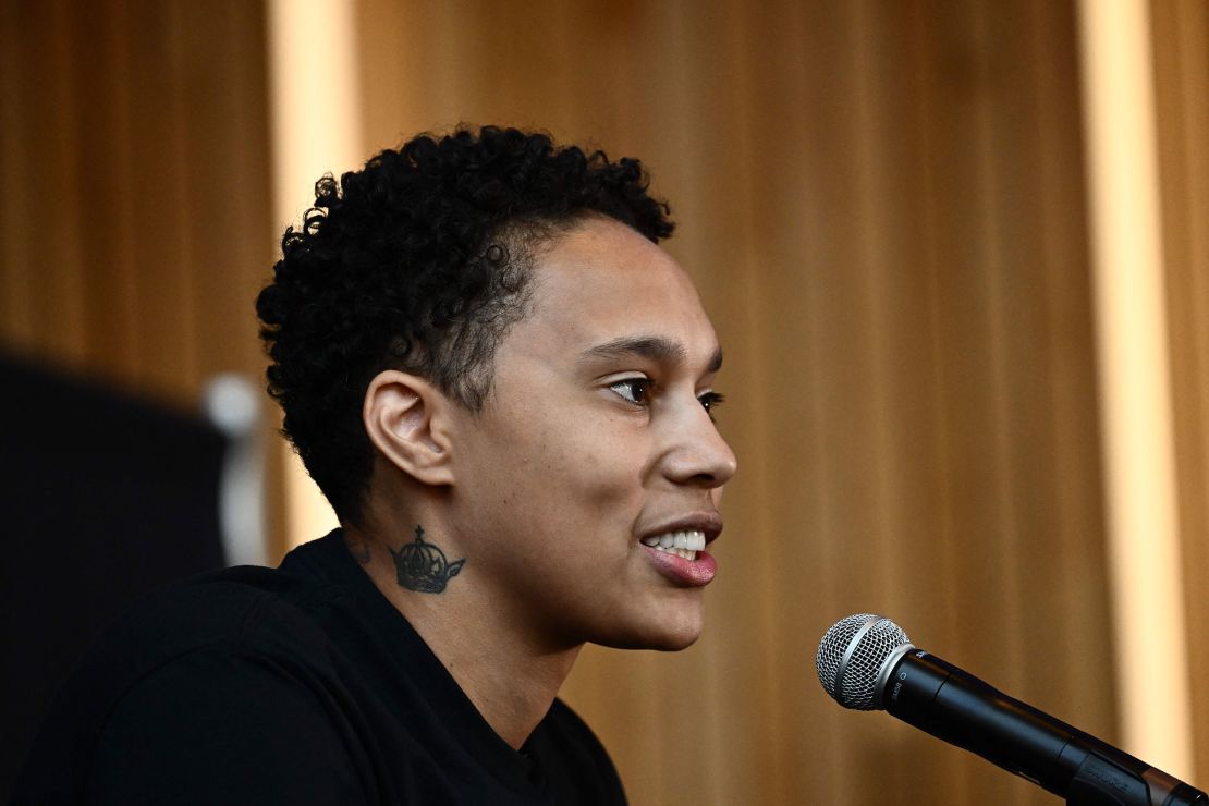 Griner speaks to the media during a news conference on April 27, 2023. 