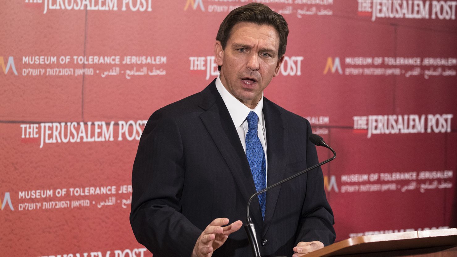 Florida Gov. Ron DeSantis speaks to the press during a news conference at the Museum of Tolerance on April 27, 2023 in Jerusalem.