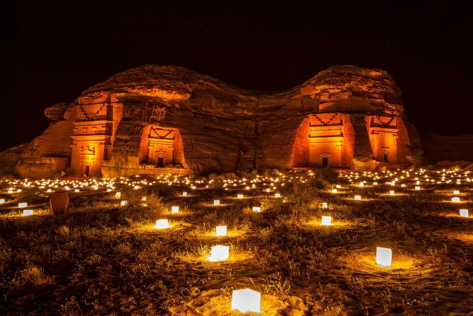 <strong>Light in the darkness:</strong> Due to the weather, Saudi tourism officials have come up with nighttime activities around Hegra, such as this illumination event.