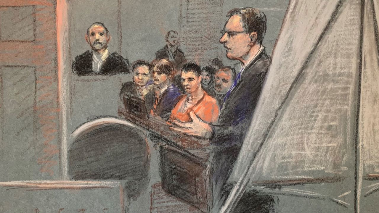 This sketch shows Jack Teixeira in orange as his father sits on the stand on April 27, 2023.