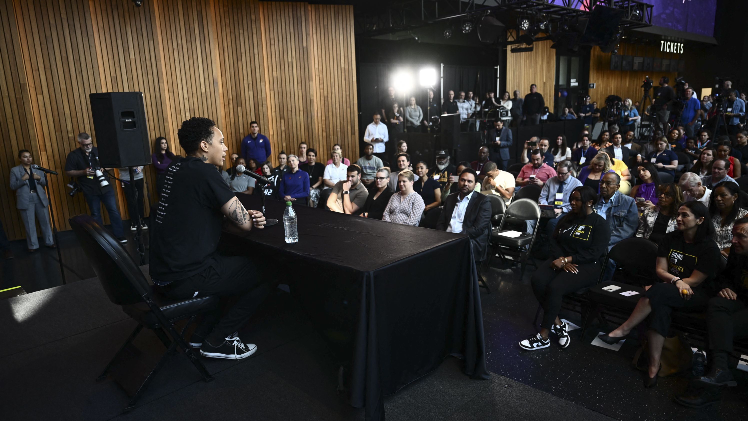 Griner speaks during a news conference in Phoenix in April 2023. She said <a href="index.php?page=&url=https%3A%2F%2Fwww.cnn.com%2F2023%2F04%2F27%2Fsport%2Fbrittney-griner-press-conference-phoenix-mercury-spt-intl%2Findex.html" target="_blank">she'll "never go overseas" again</a> unless it's for the Olympics.