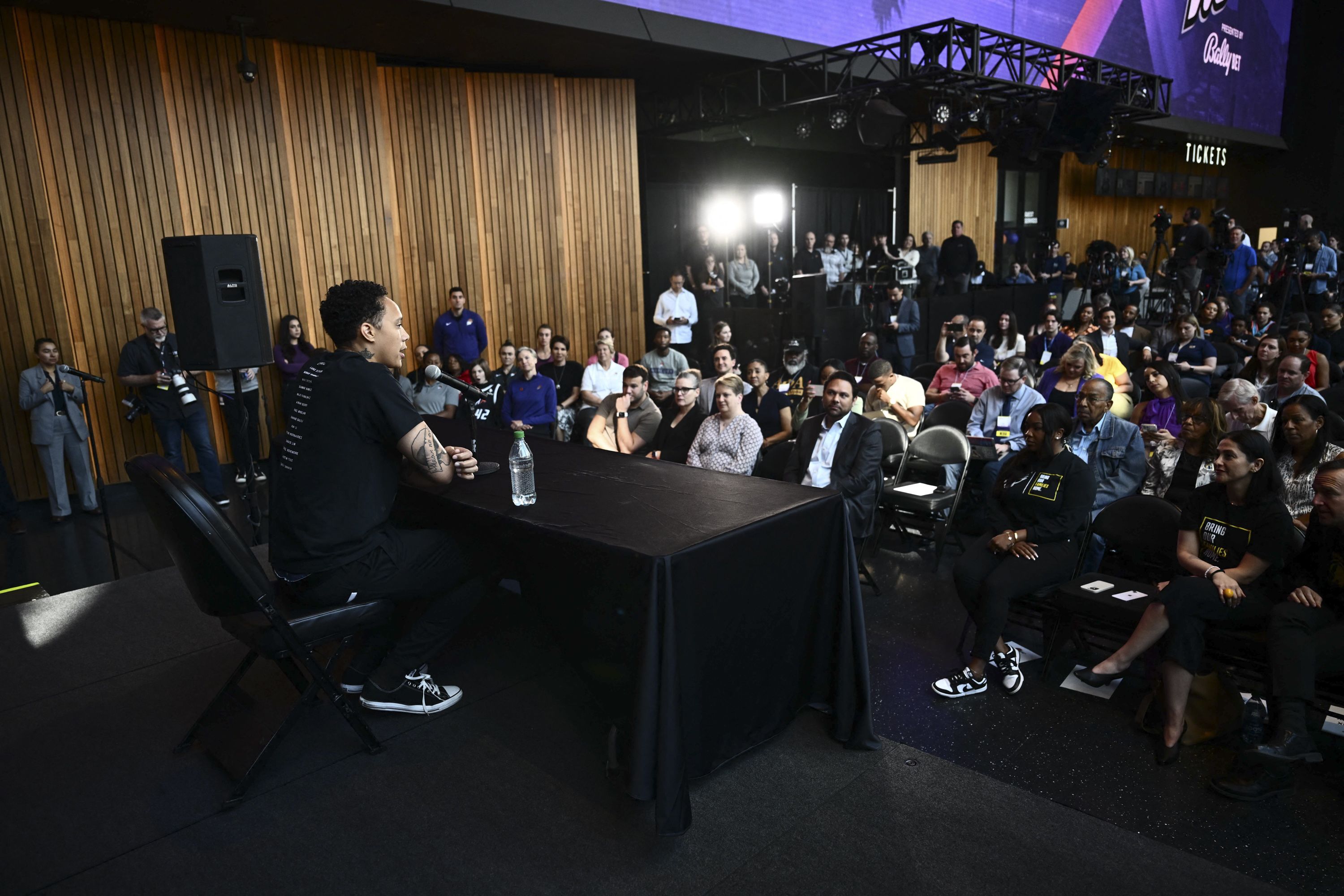 Griner speaks during a news conference in Phoenix in April 2023.