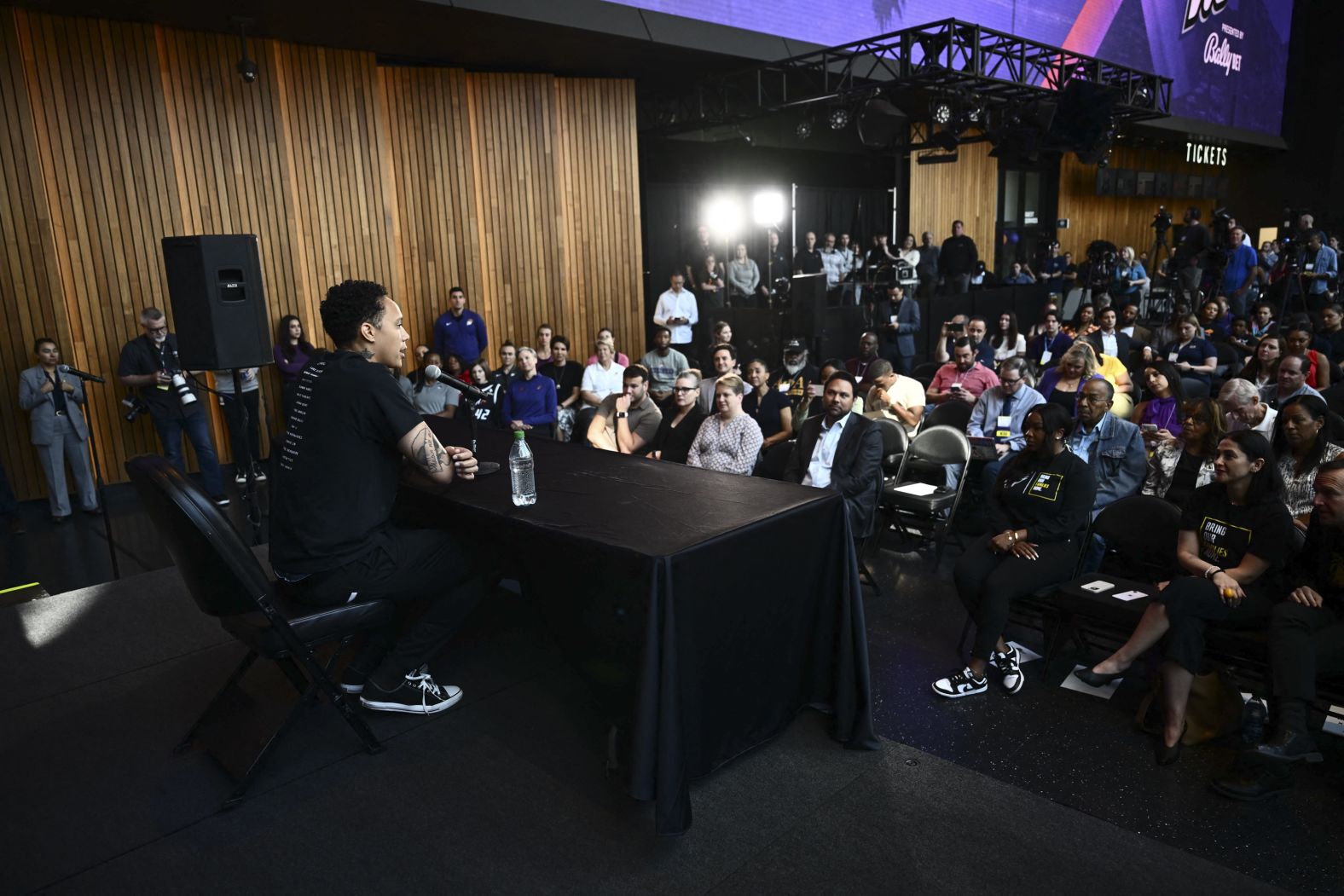 Griner speaks during a news conference in Phoenix in April 2023. She said <a href="https://www.cnn.com/2023/04/27/sport/brittney-griner-press-conference-phoenix-mercury-spt-intl/index.html" target="_blank">she'll "never go overseas" again</a> unless it's for the Olympics.