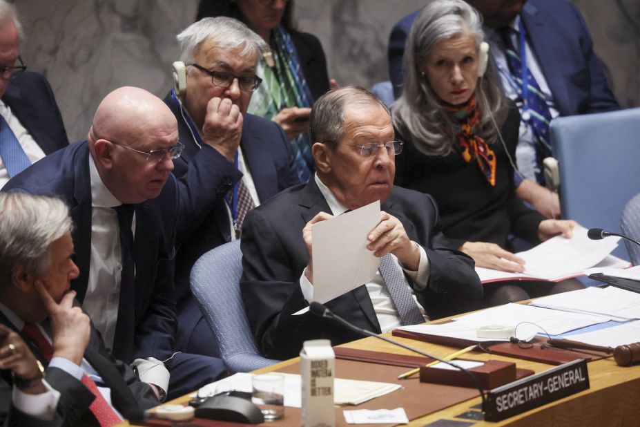Russian Foreign Minister Sergey Lavrov hosts a meeting, "Maintenance of international peace and security," at the United Nations Security Council on Monday, April 24. During the session, <a href="https://www.cnn.com/2023/04/24/europe/russia-lavrov-un-meeting-intl/index.html" target="_blank">Western diplomats slammed Lavrov</a> for his country's unprovoked assault on Ukraine. UN Secretary-General Antonio Guterres, left, also condemned Russia's actions.