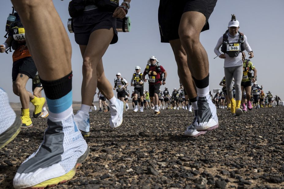 Competitors take part in the first stage of the Marathon des Sables, between Jebel Irhs and Oued Tijekht in Morocco's Sahara Desert, on Sunday, April 23. The ultramarathon is about 250 kilometers (155.3 miles) long.