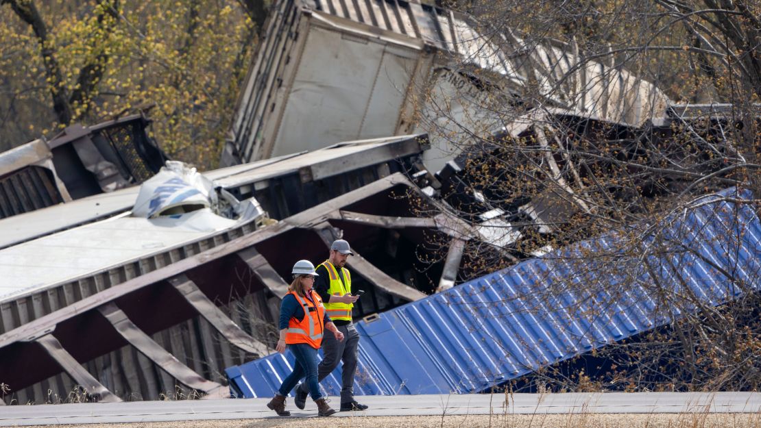 Recovery work is shown at the scene of a train derailment on Thursday in Wisconsin's Crawford County.