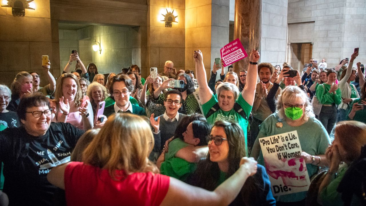 Opponents of LB626, an anti-abortion bill celebrate after the bill fails to advance on Thursday, April 27, 2023, at the Nebraska State Capital in Lincoln, Nebraska.