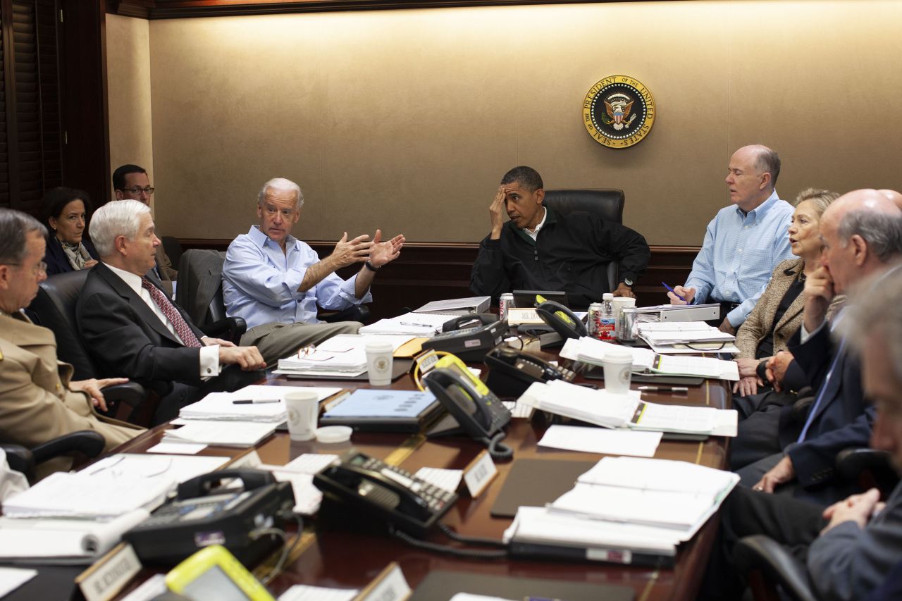 President Barack Obama, center, participates in a meeting in the White House Situation Room to discuss the mission to kill Osama bin Laden. Vice President Joe Biden is next to Obama on the left.