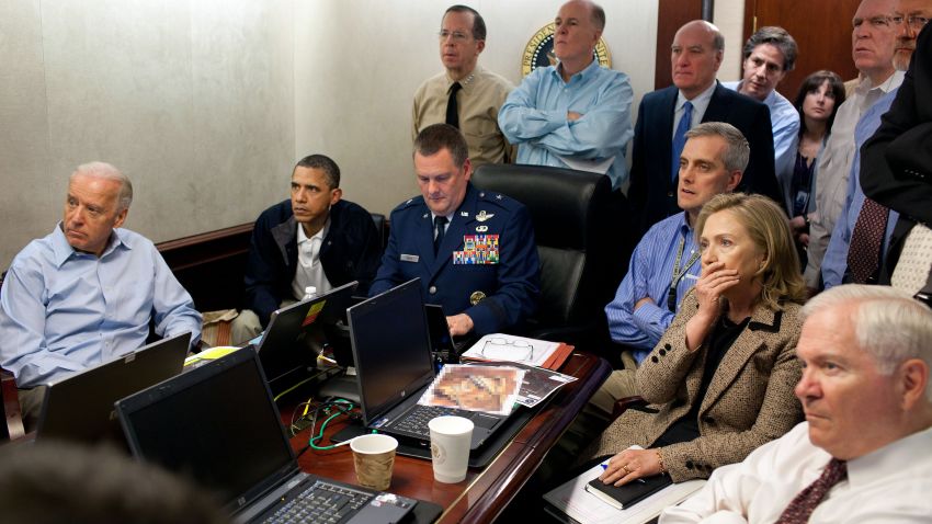 WASHINGTON, DC - MAY 1:  (EDITORS NOTE: Please be advised that a classified document visible in this photo was obscured by The White House) In this handout image provided by The White House, President Barack Obama, Vice President Joe Biden, Secretary of State Hillary Clinton and members of the national security team receive an update on the mission against Osama bin Laden in the Situation Room of the White House May 1, 2011 in Washington, DC. Obama later announced that the United States had killed Bin Laden in an operation led by U.S. Special Forces at a compound in Abbottabad, Pakistan.  (Photo by Pete Souza/The White House via Getty Images)