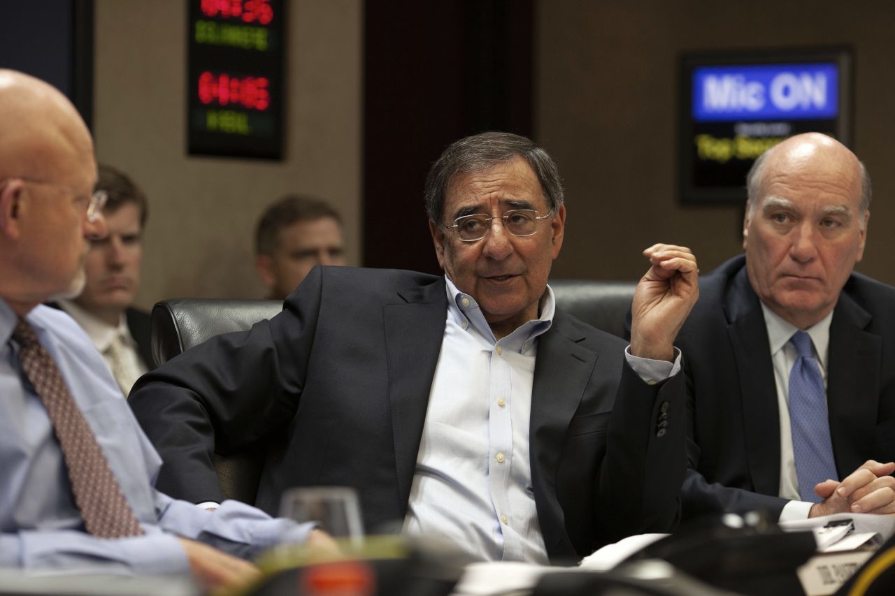 CIA Director Leon Panetta, center, speaks in the Situation Room. On the left is Director of National Intelligence James Clapper. White House chief of staff William Daley is on the right.