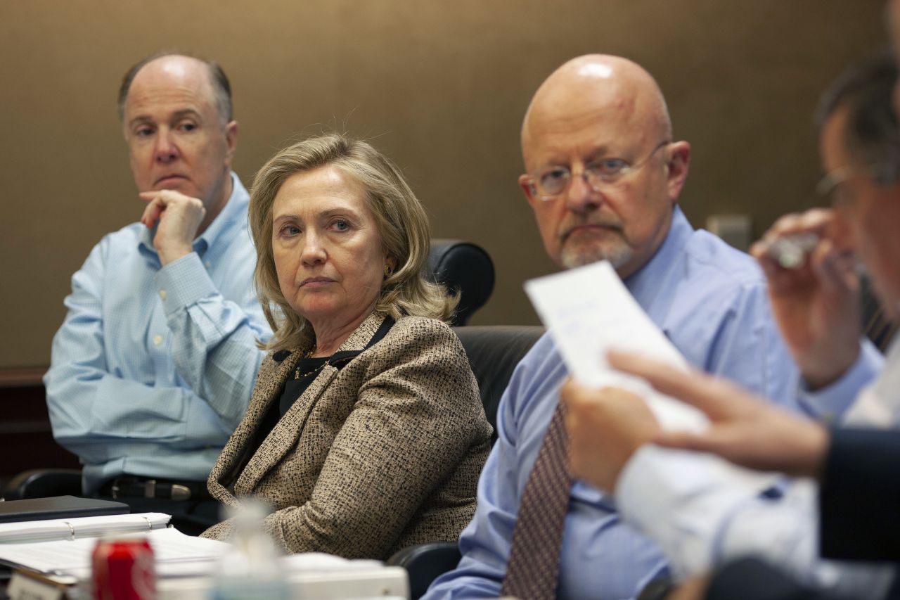 Clinton listens intently during a Situation Room briefing.