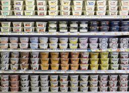 Single-serve Chobani® products, including Chobani® Flip®, Probiotic, Complete, Less Sugar, Chobani® with Zero Sugar and Greek Yogurt are seen on the shelf at a local grocery store on August 12, 2021 in New York City. 