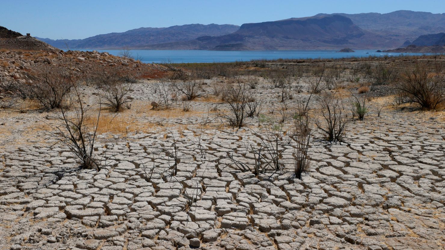 Lake Mead is seen in the distance in an area that used to be underwater near Boulder Beach on June 12, 2021.