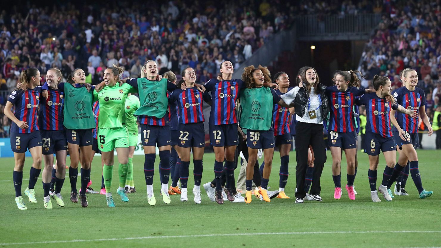 Barcelona players celebrate at the end of the match against Chelsea. 