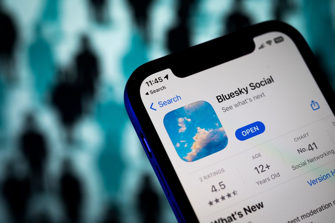 The Bluesky social media app logo is seen on a mobile device in April 2023. 