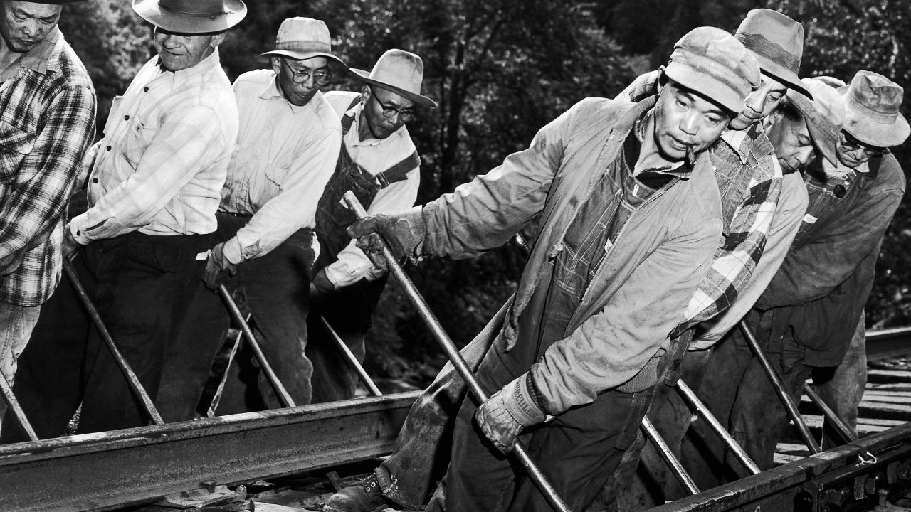 Chinese and Filipino workers lay track for the Burlington Railroad (formerly the Great Northern Railway) at Stevens Pass in Washington state in this undated photo.