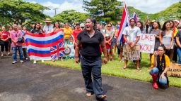 Kumu (teacher) Hinaleimoana Wong-Kalu performs a chant before meeting with University of Hawaii at Manoa President David Lassner on the campus in Honolulu Friday, July 19, 2019. All are protesting the construction of the Thirty Meter Telescope on Mauna Kea on the Big Island of Hawaii. 