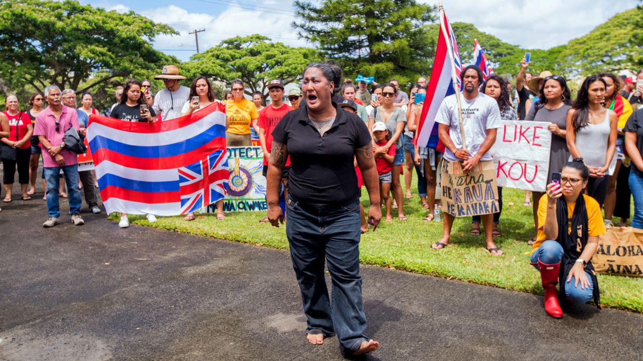 Kumu Hinaleimoana Wong-Kalu is seen at a demonstration protesting the construction of the Thirty Meter Telescope on Mauna Kea in Hawai'i on July 19, 2019. Though Native Hawaiians are a part of the AANHPI umbrella, some feel their experiences are often overlooked.