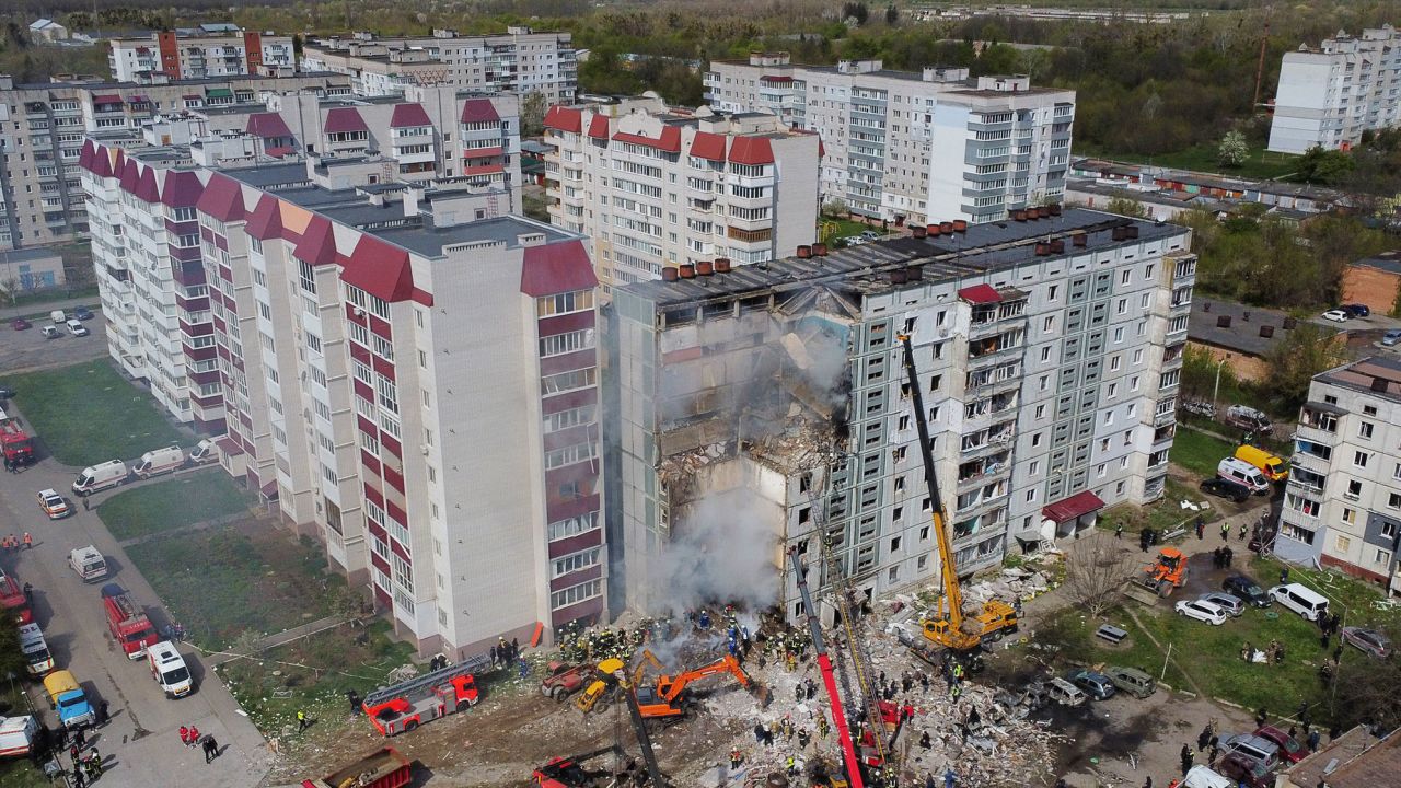Aerial view of a destroyed residential building.